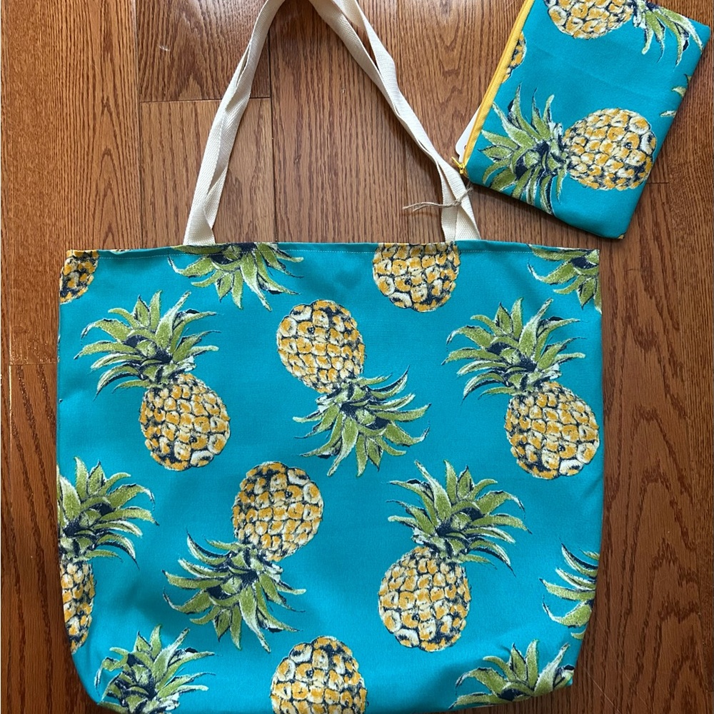 Pineapple Print Tote Bag - Blue and Yellow